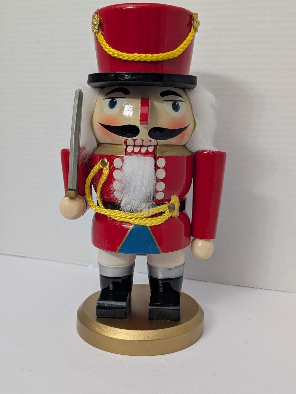 Vintage Wooden Soldier Nutcracker Figure 10 Inch Red Uniform Sword Hand Painted